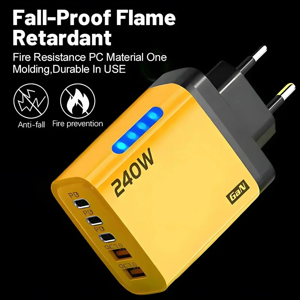 240W GaN 5 in 1 USB C Charger Fast Charging Phone Charger Power Adapter Type C EU/US Plug Wall Charger For iPhone Samsung Xiaomi